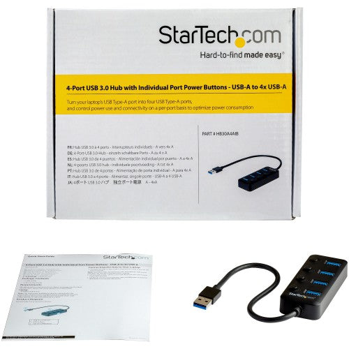 StarTech.com 4 Port USB 3.0 Hub - USB-A to 4x USB 3.0 Type-A with Individual On/Off Port Switches - SuperSpeed 5Gbps USB 3.1/3.2 Gen 1 - USB Bus Powered - Portable - 25cm Attached Cable~4 Port USB 3.0 Hub - USB-A to 4x USB 3.0 Type-A with Individual On/Of