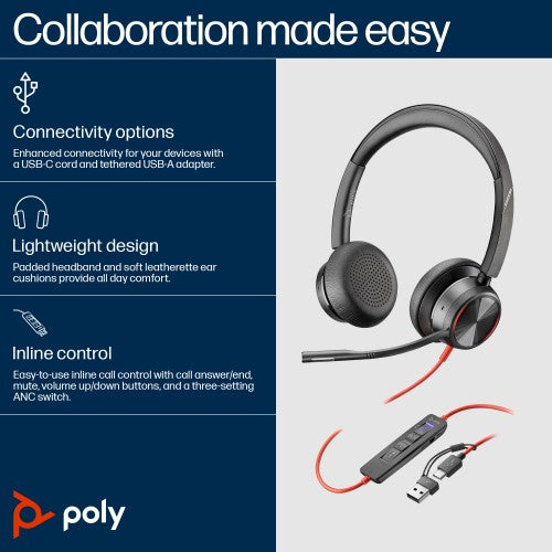 Poly Blackwire 8225 Stereo Microsoft Teams Certified USB-C Headset +USB-C/A Adapter