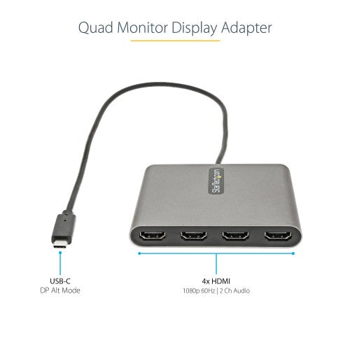 StarTech.com USB C to Quad HDMI Adapter, USB-C to 4x HDMI Monitor Converter for Windows (no support for macOS/ChromeOS/Linux) - TAA