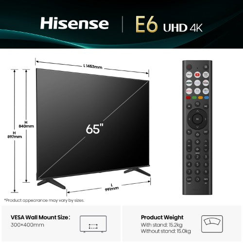 Hisense 65E6QTUK TV 165.1 cm (65") 4K Ultra HD Smart TV Wi-Fi Black 330 cd/m²