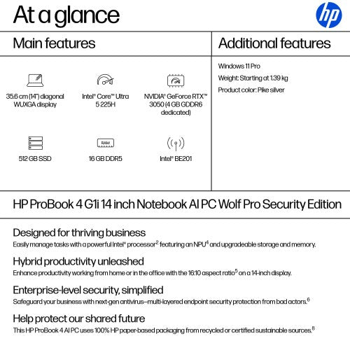 HP ProBook 4 G1i 14 AI PC AI PC Wolf Pro Security Edition Intel Core Ultra 5 225H Laptop 35.6 cm (14") WUXGA 16 GB DDR5-SDRAM 512 GB SSD Wi-Fi 7 (802.11be) Windows 11 Pro Silver