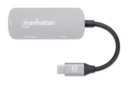 Manhattan USB-C Dock/Hub, Ports (x3): HDMI, USB-A and USB-C, With Power Delivery (100W) to USB-C Port (Note add USB-C wall charger and USB-C cable needed), Universal for all devices, All Ports can be used at the same time, Aluminium, Space Grey, 3 Year Wa