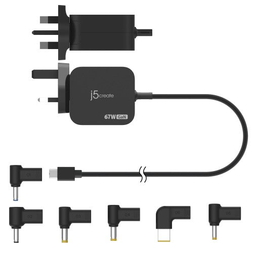j5create JUP1565DC 67W GaN PD USB-C® Mini Charger with 6 Types of DC Connector-UK, Black