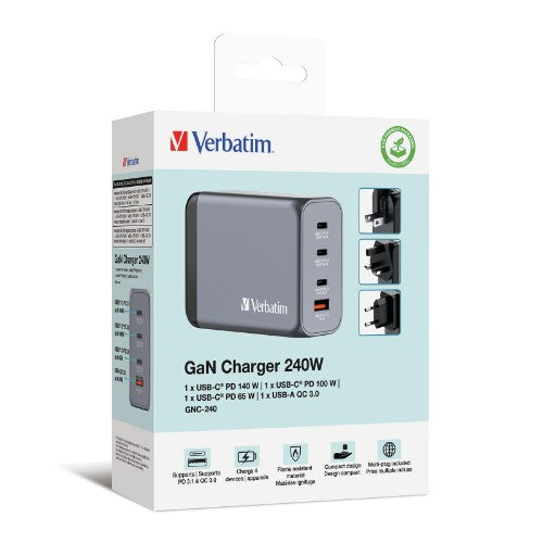 Verbatim GNC-240 GaN Charger 240W with 1 x USB-C 140W /1 x USB-C 100W / 1 x USB-C 65W / 1 x USB-A QC 3.0 (EU/UK/US)