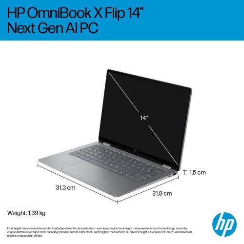 HP OmniBook X FlipNGAI 14-fk0004na Copilot+ PC AMD Ryzen™ AI 5 340 Hybrid (2-in-1) 35.6 cm (14") Touchscreen 2K 16 GB LPDDR5x-SDRAM 512 GB SSD Wi-Fi 7 (802.11be) Windows 11 Home Silver