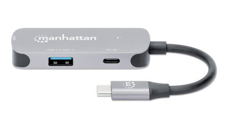 Manhattan USB-C Dock/Hub, Ports (x3): HDMI, USB-A and USB-C, With Power Delivery (100W) to USB-C Port (Note add USB-C wall charger and USB-C cable needed), Universal for all devices, All Ports can be used at the same time, Aluminium, Space Grey, 3 Year Wa