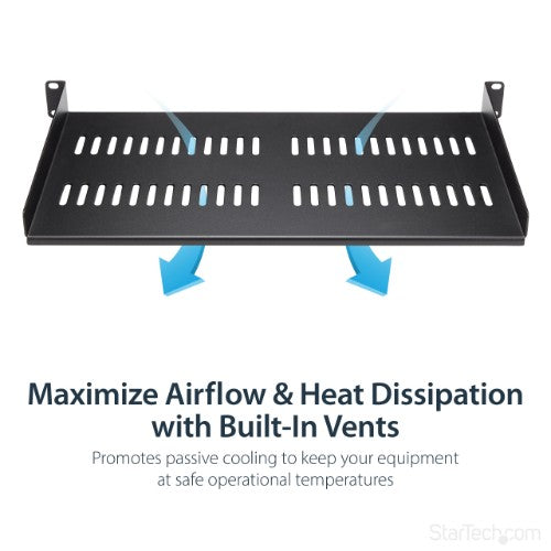 StarTech.com 1U Server Rack Shelf - Universal Vented Rack Mount Cantilever Tray for 19" Network Equipment Rack & Cabinet - Heavy Duty Steel - Weight Capacity 44lb/20kg - 10" Deep Shelf, Black