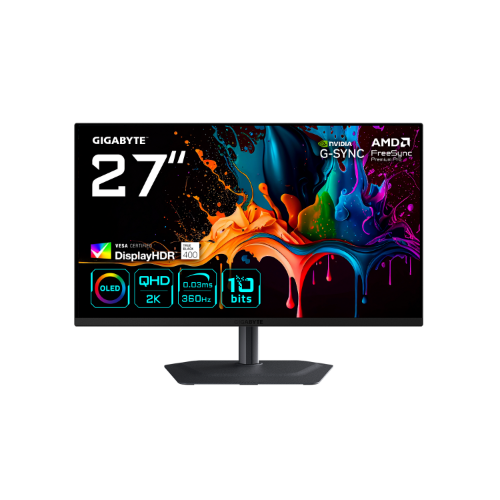GIGABYTE MO27Q3 27” OLED QHD Gaming Monitor - 2560 x 1440, 360Hz, 0.03ms, 250 cd/m², G-Sync Compatible, FreeSync Premium Pro, Display HDR True Black 400, HDMI 2.1, Displayport 1.4