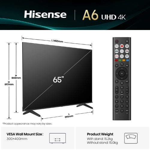 Hisense 65" A6QTUK 4K Ultra HD Smart TV with Freely