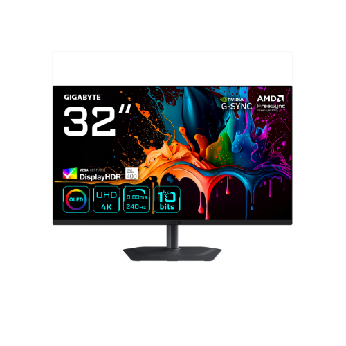 GIGABYTE MO32U2 32” OLED 4K UHD Gaming Monitor - 3840 x 2160, 240Hz, 0.03ms, 250 cd/m², G-Sync Compatible, FreeSync Premium Pro, Display HDR True Black 400, HDMI 2.1, Displayport 1.4