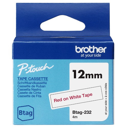 Brother BTAG-232 DirectLabel-etikettes red on white 12mm x 4m for Brother Btag 12mm