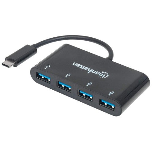Manhattan USB-C Dock/Hub, Ports (x4): USB-A (x4), 5 Gbps (USB 3.2 Gen1 aka USB 3.0), External Power Supply Not Needed, Universal for all devices, Cable 20cm, SuperSpeed USB, Black, Three Year Warranty, Equivalent to HB30C4AB