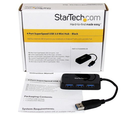 StarTech.com Portable 4 Port SuperSpeed Mini USB 3.0 Hub - Black~Portable 4 Port SuperSpeed Mini USB 3.0 Hub - 5Gbps - Black