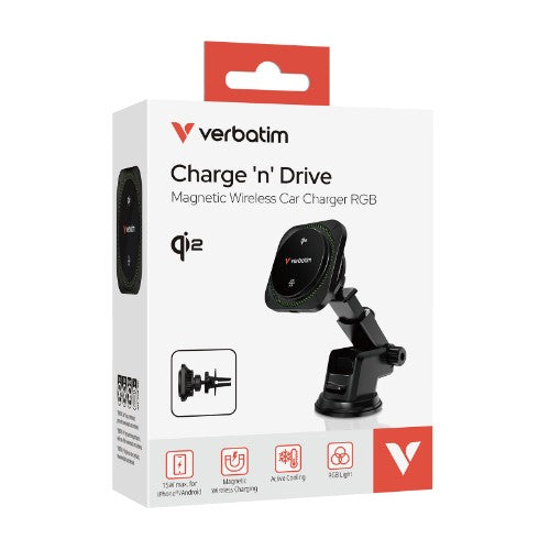Verbatim Charge 'n' Drive Qi2 Magnetic Wireless Car Charger RGB