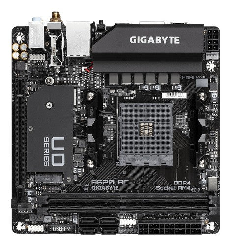 GIGABYTE A520I AC Motherboard - Supports AMD Ryzen 5000 Series AM4 CPUs, 6 Phases Digital VRM, up to 5300MHz DDR4 (OC), 1xPCIe 3.0 M.2, WIFI, GbE LAN, USB 3.2 Gen1
