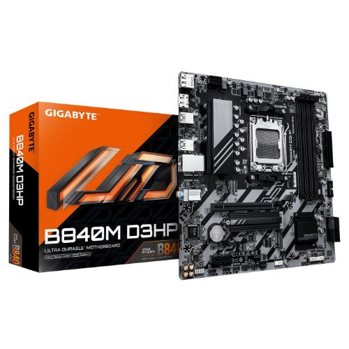 GIGABYTE B840M D3HP Motherboard - AMD Ryzen 9000 CPUs, 8+2+2 Phases VRM, up to 8200MHz DDR5(O.C), 2xPCIe 4.0 M.2, 1GbE LAN, USB 3.2 Gen 2