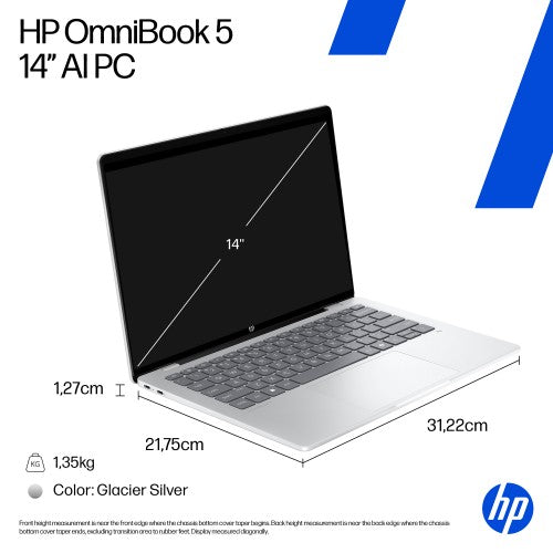 HP OmniBook 5 NGAI OmniBook 5 Next Gen AI 14-he0001na Copilot+ PC Snapdragon X1-26-100 Laptop 35.6 cm (14") 2K 16 GB LPDDR5x-SDRAM 512 GB SSD Wi-Fi 6E (802.11ax) Windows 11 Home Silver