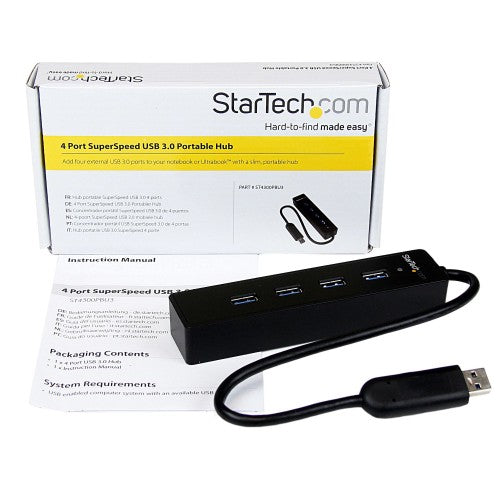 StarTech.com 4 Port Portable SuperSpeed USB 3.0 Hub with Built-in Cable~4 Port Portable SuperSpeed USB 3.0 Hub with Built-in Cable - 5Gbps