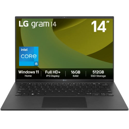 LG Gram 14Z90RU-G.AA55A1 laptop Intel® Core™ i5 i5-1334U 35.6 cm (14") Full HD+ 16 GB LPDDR5-SDRAM 512 GB SSD Wi-Fi 6E (802.11ax) Windows 11 Home Black