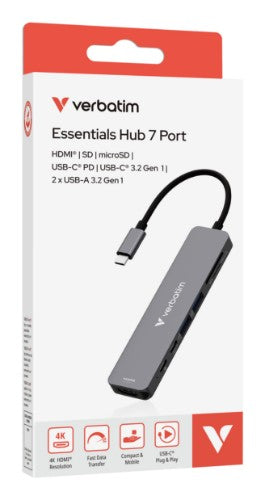 Verbatim USB-C Essentials Multiport Hub 7 ports: HDMI, USB-C, USB-C 3.2 Gen 1, 2 x USB-A 3.2 Gen 1, SD & microSD