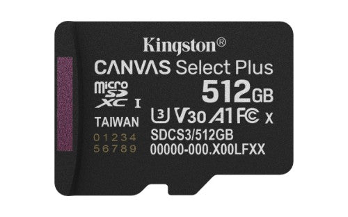 Kingston Technology 512GB micSDXC Canvas Select Plus Gen3 150R A1 Single Pack w/o ADP