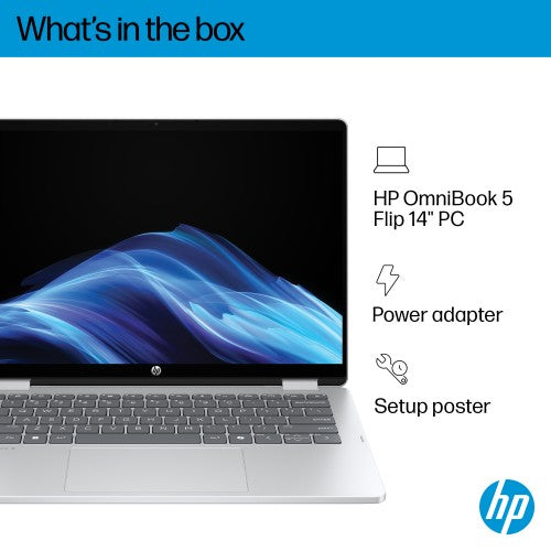 HP OmniBook 5 Flip 2-in-1 Laptop 14-fp0001nax Intel® Core™ i5 i5-1334U 35.6 cm (14") Touchscreen 2K 16 GB LPDDR5-SDRAM 512 GB SSD Wi-Fi 6 (802.11ax) Windows 11 Home Silver