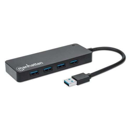 Manhattan USB-A 4-Port Hub, 4x USB-A Ports, 5 Gbps (USB 3.2 Gen1 aka USB 3.0), Bus Power, SuperSpeed USB, Black, Three Year Warranty, Equivalent to ST4300PBU3 & ST4300MINU3B