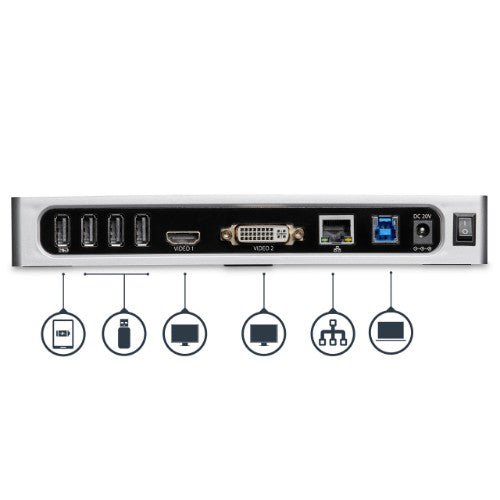 StarTech.com USB 3.0 Docking Station - Dual Monitor Laptop Docking Station with HDMI & DVI/VGA Video - 6-port USB 3.1 Gen 1 5Gbps Hub, GbE, Audio - Universal Type-A Dock - Windows & Mac