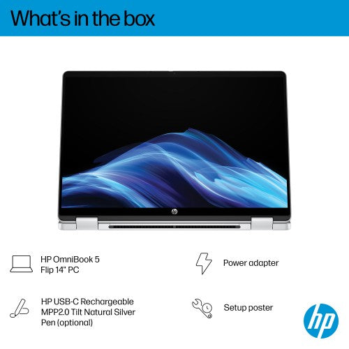 HP OmniBook 5 Flip 2-in-1 Laptop 14-fp0001nax Intel® Core™ i5 i5-1334U 35.6 cm (14") Touchscreen 2K 16 GB LPDDR5-SDRAM 512 GB SSD Wi-Fi 6 (802.11ax) Windows 11 Home Silver