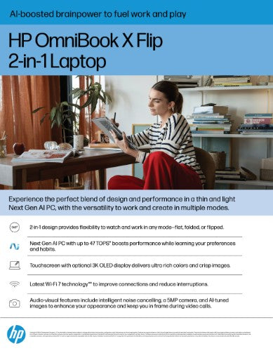 HP OmniBook X FlipNGAI 16-as0004na Copilot+ PC Intel Core Ultra 5 226V Hybrid (2-in-1) 40.6 cm (16") Touchscreen 2K 16 GB LPDDR5x-SDRAM 512 GB SSD Wi-Fi 7 (802.11be) Windows 11 Home Silver