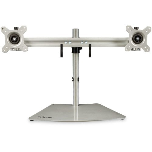 StarTech.com Dual Monitor Stand - Ergonomic Free Standing Dual Monitor Desktop Stand for two 24" VESA Mount Displays - Synchronized Height Adjustable - Double Monitor Pole Mount - Silver