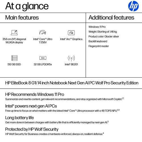 HP EliteBook 8 G1i Next Gen AI Wolf Pro Security Edition Copilot+ PC Intel Core Ultra 7 258V Laptop 35.6 cm (14") WUXGA 32 GB LPDDR5x-SDRAM 512 GB SSD Wi-Fi 7 (802.11be) Windows 11 Pro Silver