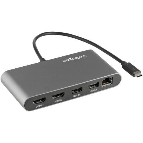 StarTech.com Thunderbolt 3 Mini Dock - Portable Dual Monitor Docking Station w/HDMI 4K 60Hz, 2x USB-A Hub (3.0/2.0), GbE - 11in/28cm Cable - TB3 Multiport Adapter - Mac/Windows