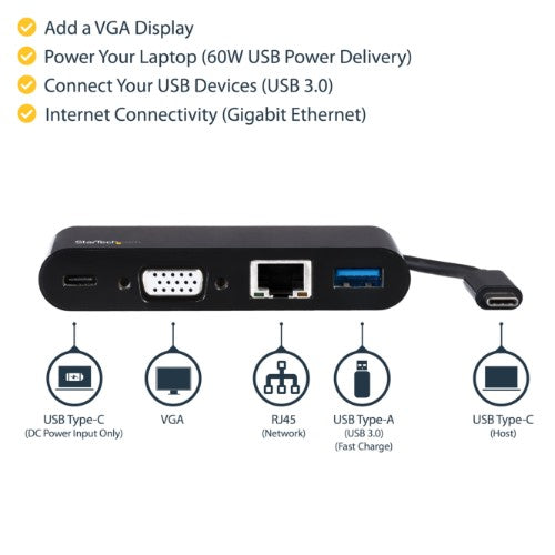 StarTech.com USB C Multiport Adapter - Mini USB-C Dock w/ Single Monitor VGA 1080p Video - 60W Power Delivery Passthrough - USB 3.1 Gen 1 Type-A 5Gbps, Gigabit Ethernet - Docking Station