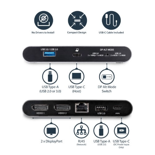 StarTech.com USB C Dock - 4K Dual Monitor DisplayPort - Mini Laptop Docking Station - 100W Power Delivery Passthrough - GbE, 2-Port USB-A Hub - USB Type-C Multiport Adapter - 3.3' Cable
