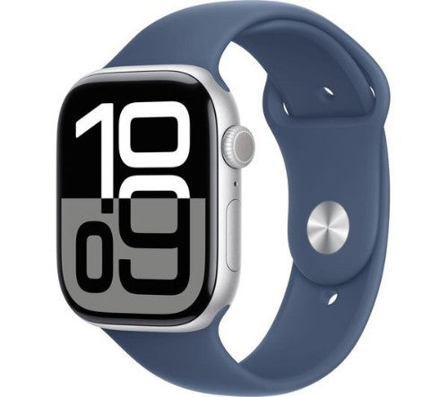 Apple Watch Series 10 GPS + Cellular 46mm Silver Aluminium Case with Denim Sport Band - S/M