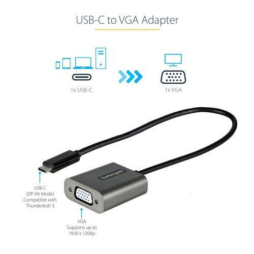 StarTech.com USB C to VGA Adapter - 1080p USB Type-C to VGA Adapter Dongle - USB-C (DP Alt Mode) to VGA Monitor/Display Video Converter - Thunderbolt 3 Compatible - 12" Long Attached Cable - Upgraded Version of CDP2VGA