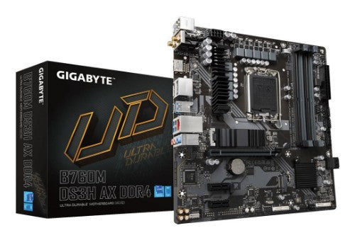 GIGABYTE B760M DS3H AX DDR4 Motherboard - Supports Intel Core 14th Gen CPUs, 6+2+1 Phases Digital VRM, up to 5333MHz DDR4 (OC), 2xPCIe 4.0 M.2, Wi-Fi 6E, 2.5GbE LAN, USB 3.2 Gen2