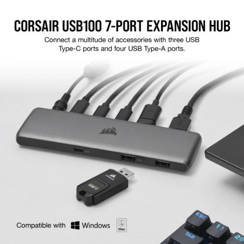 Corsair USB100 7-PORT USB-C/USB-A HUB USB Type-C 50000 Mbit/s Grey