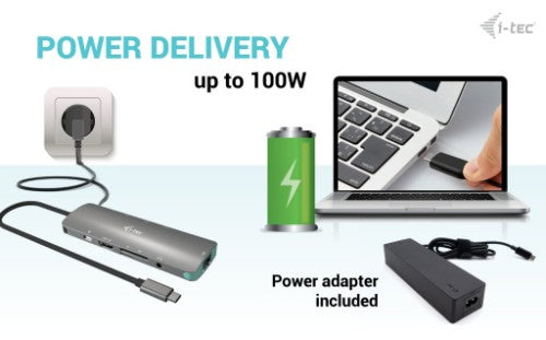 i-tec USB-C Metal Nano Docking Station 4K HDMI LAN with Power Delivery 100W + Universal Charger 100W