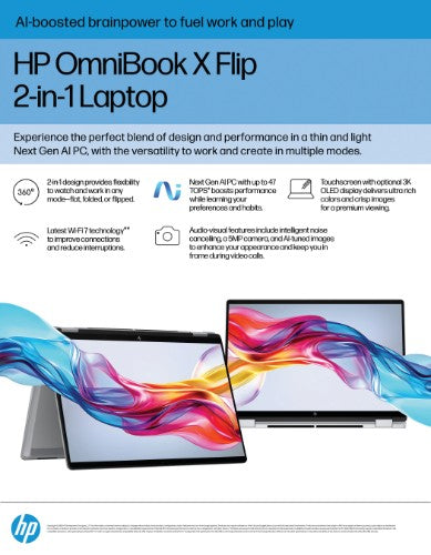 HP OmniBook X FlipNGAI 16-as0004na Copilot+ PC Intel Core Ultra 5 226V Hybrid (2-in-1) 40.6 cm (16") Touchscreen 2K 16 GB LPDDR5x-SDRAM 512 GB SSD Wi-Fi 7 (802.11be) Windows 11 Home Silver